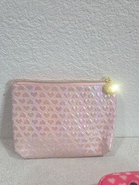 Pink Heart-Patterned Cosmetic Pouch with Gold Heart Charm